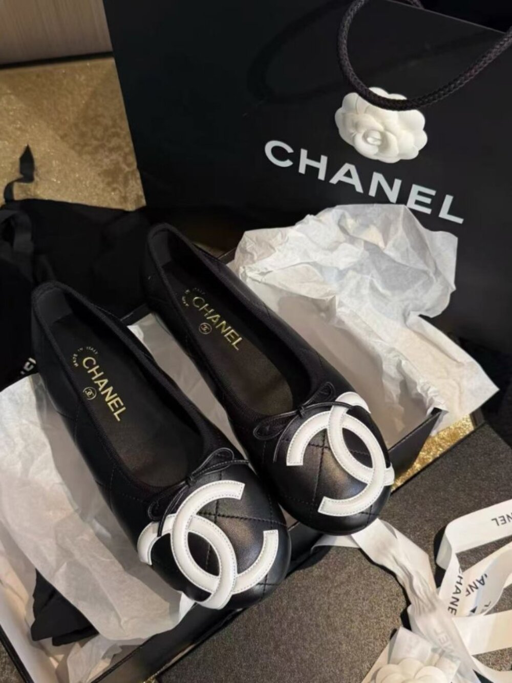 CHANEL Black White CC Logo Ballerina Flat Shoes